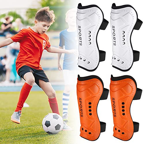 JIZZU 2 Paar Schienbeinschoner Kinder, Leichte Hochfeste Schienbeinschützer Fußball, Jugendgrößen Kind Fußball Shin Pads für Jungen Mädchen,umfassender Schutz((Orange/Weiß)