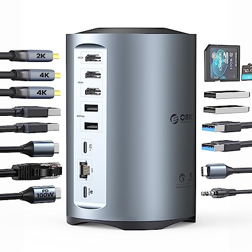 ORICO Docking Station USB C, 15 in 1 Hub Tre Monitor Con 100W PD, 2 USB-A 3.0+4 USB-A 2.0+1 USB-C 3.0, 3 HDMI 4K@60Hz, RJ45, 3.5mm, SD/TF per MacBook M1/Lenovo/Thinkpad/Dell/Hp
