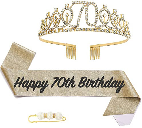 POPOYU 70 Geburtstag Krone und Schärpe,Krone 70. Geburtstag Frauen,70.Geburtstag Tiara Goldfarben,krone 70.,70 Jahre Geburtstag Mädchen Kopfbedeckung für Geburtstagsgeschenk Partyzubehör