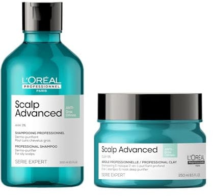 L'Oréal Professionnel Pflegeset zur Reinigung fettiger Kopfhaut & Haare, Scalp Advanced Anti-Oiliness Dermo-Purifier Shampoo & 2in1 Deep Purifier Clay