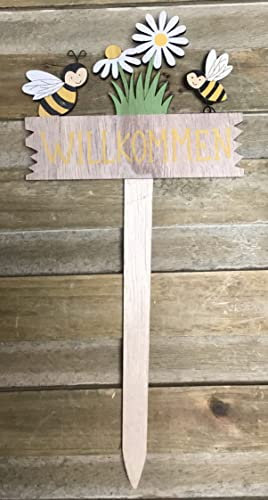 1 Schild zum Stecken ca. 27cm h x 12cm br. 5mm st. Bienenstecker Blumenstecker Biene Bienen Willkommen