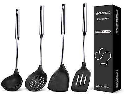 4 Pcs Silicone Kitchen Utensils Set, Spatulas-Slotted Turner-Ladles-Slotted Spoon, Nonstick BPA Free High Heat Resistant Cooking Utensils for Frying, Mixing, Serving, Draining, Turning, Stirring