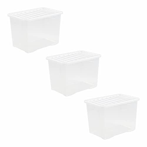 M1SS (Set of 3-80L Litre Clear Plastic Storage Box With Crystal Lids Home Office Stackable Nestable Container Made in U.K (80L)