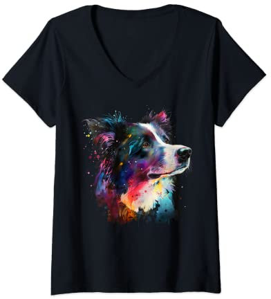Damen Süßer Border Collie Hund auf Border Collie Lover T-Shirt mit V-Ausschnitt