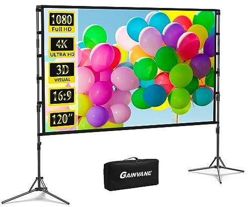 GAINVANE Projector Screen and Stand, 120 inch Portable Projector Screen Indoor Outdoor Projection Screen 16:9 4K HD Wrinkle-Free Light-Weight Movie Screen with Carry Bag for Backyard Movie Night
