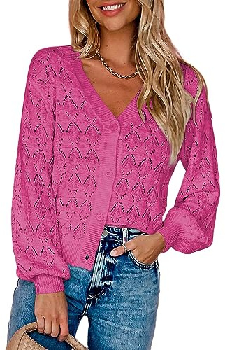 Dokotoo Damen Strickjacke V-Ausschnitt Kurzer Cardigan Elegant Langarm Leichter Strickpullover mit Knopf S-XXL