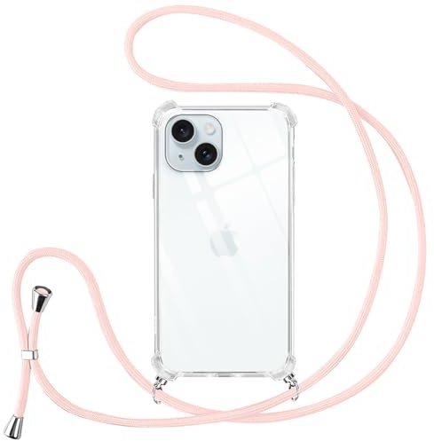 Vauki handyband für iPhone 15 Plus Hülle mit Band Handyhülle Silikon Transparent zum Umhängen Stoßfest mit Kordel Necklace Schnur TPU Bumper Case für iPhone 15Plus,Rosegold