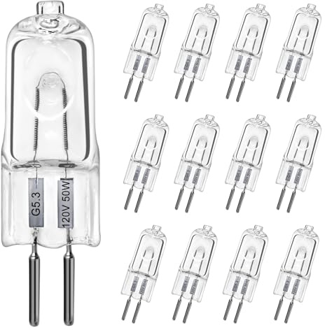 LedWekei G5.3 Halogen Bulbs,120v 50w Bulb Mini Spotlight Bulbs 2 Pin Clear Capsule Lamp Bulb,Dimmable 2700K Warm White Light Bulbs (12 Pack)