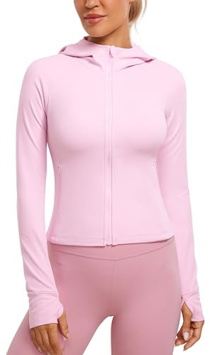CRZ YOGA Damen Butterluxe Kapuzenpullover Hoodie Zip Up Sweatjacke Workout Langarm Hoody Kapuzenjacke mit Daumenloch Rosa Pfingstrose 42