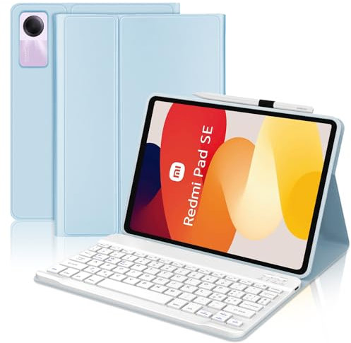 JADEMALL Coque Clavier pour Xiaomi Redmi Pad SE 11 2023, AZERTY Clavier Bluetooth Magnétique Détachable pour Redmi Pad SE 11 Pouces, Bleu Ciel