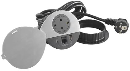 LEGRAND, Incara Disq 80 654713 Prise de Charge USB A+C, Prise de données FTP Cat6 RJ 45, Prise de Table, Multiple, 15 W, câble de 2 m, 2 fiches P+E, Noir avec Fermeture en métal