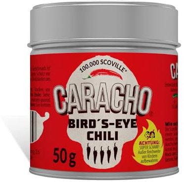 CARACHO 50 g di fiocchi di peperoncino Bird Eye – 100% estremamente piccante – peperoncino in polvere in metallo per condimenti/scoville: 100.000 – 200.000 / peperoncino specialità