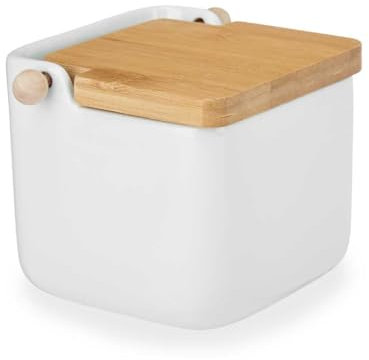 Vessia Pot à sel en céramique, couvercle rabattable en bambou, boîte à sel pratique et récipient à sel pour la cuisine, fût à sel en céramique avec couvercle, idéal comme récipient à sel – (blanc)
