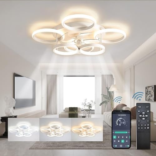 TJSC Ventilateur Plafond Silencieux Reversible à LED avec éclairage, 65W Moderne Plafonnier Ventilateur Dimmable, 6 Vitesses Ventilateur De Plafond avec Télécommande/APP pour Salon Chambre(Blanc)