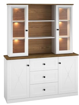 Marmex Lille 06/07 Kommode mit Glasvitrinenaufsatz, Schaufenster, Scharniere-Soft-Close, Schubladenschrank, Mehrzweckschrank, dekorative Fräsungen, Beleuchtung gratis Provenzalischer Stil