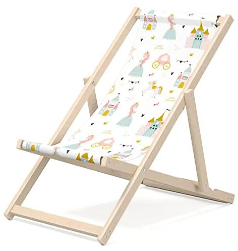 Outentin Kinderliegestuhl für Garten - Premium Liegestuhl Kinder Holz für Balkon und Strand - Sonnenliege für Kinder - Modernes Design - Liegestuhl Outdoor - Motiv Prinzessin