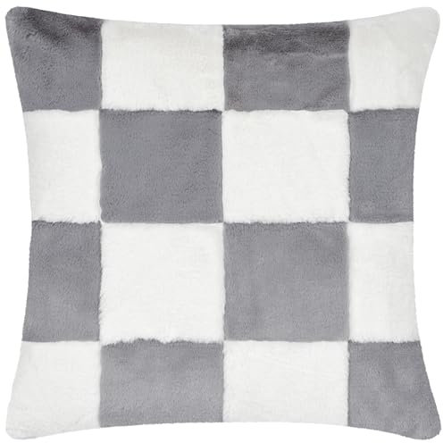 furn. Heya Home Cozee Check Faux Fur Cushion Cover – Ultra-Soft Checkerboard Design (Slate Blue – 50 x 50 cm, Pack of 1)