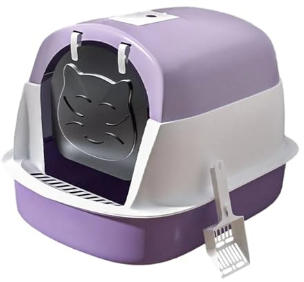 Hooded Cat Litter Box with Lid Enclosed Cat Toilet with Door Detachable Anti (Purple)
