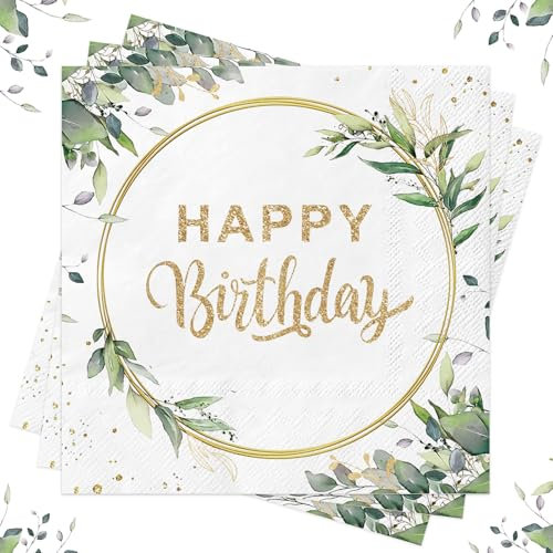 Wentsent Servietten Geburtstag Eukalyptus Grün, 40 Stück Happy Birthday Servietten Napkins, Servietten Salbeigrün, Geburtstagsdeko Papierservietten Tischdeko für Frau Mann Junge Mädchen