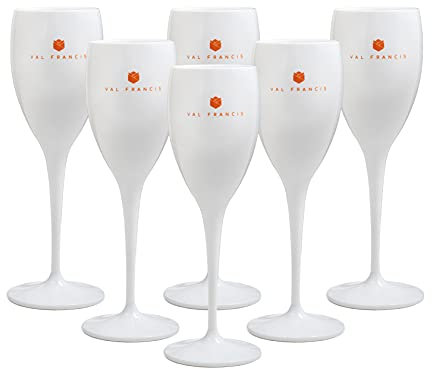 Val Francis Premium Plastic Champagne Prosecco or Wine Flutes - Set of 6 - Reusable, Unbreakable, Dishwasher Safe (White Flute | Orange Logo)
