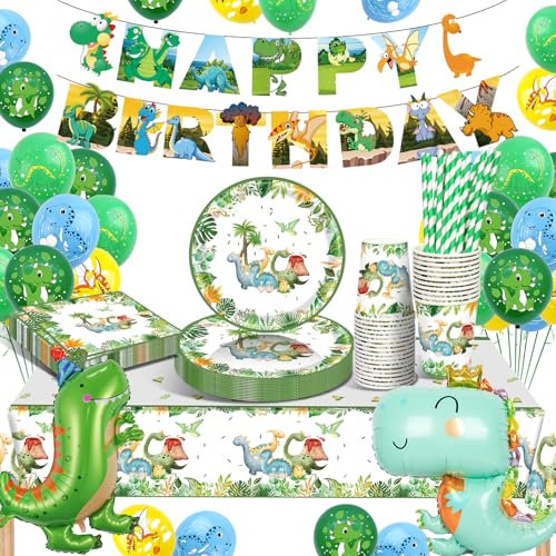 YEJIKIJI Dinosaurio Vajilla Cumpleaños Infantil, Decoraciones Fiesta Vajilla de Cumpleaños de Dinosaurio, Globos Dinosaurio Platos y Vasos para Cumpleaños, Decoracion Vajilla Fiestas(16 Guests