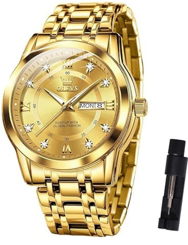 OLEVS Goldene Herrenuhren Großes Zifferblatt Luxus Business Kleid Edelstahl Mens Watches mit Datum Moderne Leuchtende Armbanduhr Herren Wasserdicht Diamant Quarz Analog Männer Uhren Metallarmband