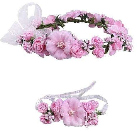 Blumenkranz Haare, Blume Krone, Haarschmuck Damen, Rose Braut Haarschmuck mit Armband-Set, Blumenkranz Kopfschmuck, für Braut Fotografie Hochzeit Festival Party Strand(Rosa)