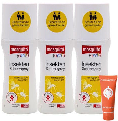 Mosquito Family Insekten-Schutzspray 3x 100 ml I bis zu 6 Stunden Schutz vor Mücken, Bremsen, Zecken I Mückenspray I für Kinder ab 6 Monaten I Outdoor-Schutz I Spar-Set plus Pharma Perle give-away