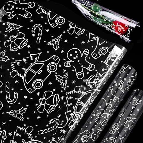 Christmas Wrapping Paper - ADQUATOR 5m×80cm White Hamper Wrapping Cellophane Paper Sheets Printed with Gingerbread man, Clear Gift Wrap for Christmas and Xmas Party Gift Packaging(Folded)