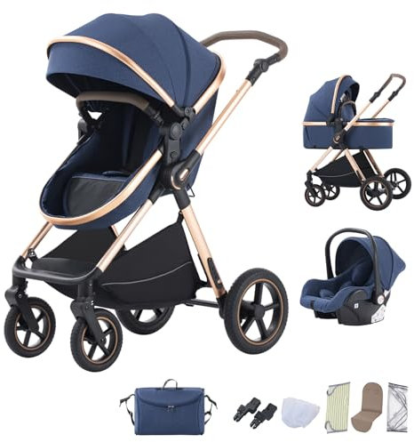 BEBBY 3-in-1 Kinderwagen KombiKinderwagen-Set 2-in-1 Buggy faltbar Luxus Hochlandschaft Neugeborenes Tragbarer Kinderwagen Zusammenklappbarer Kinderwagen Kinderwagen Travel System (D2-BLUE)