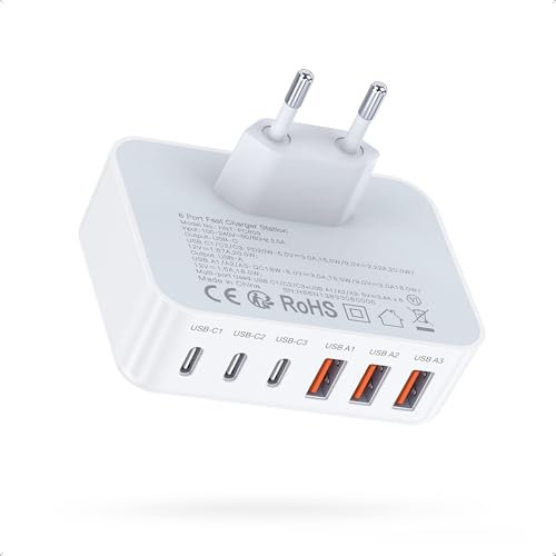 USB C Ladegerät, 6 Port Ladestecker USBC für iPhone 16/15 Pro Max/11/12/13/14/XS/XR/X, Samsun.g Galaxy Adapter USB c Block, Google, Tablet Fast Charger, Android super Handys Ladegeräte USB A Huawei
