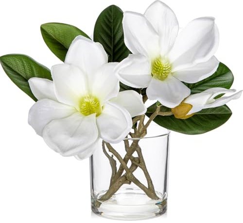 Oairse Kunstpflanze Magnolien-Kunstblumen in Glasvase mit Künstlichen Wasser Künstliche Deko Blumen Kunstblumen Wie Echt Mit Real-Touch Tischaufsätze Blumenarrangement Heim Küche Dekor