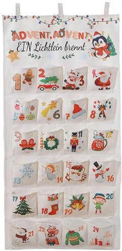Adventskalender 2024 aus Stoff zum selber Befüllen, Weihnachtskalender für Kinder als Wandkalender, Wiederverwendbar Stoffbeutel Geschenksäckchen für Weihnachtsdeko (A)