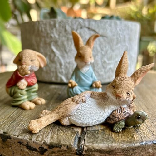 KARLOR Hasen Figur Garten, 3 Pcs Ostern Hasen Deko Garten Hasen Figuren Statuen klein Kaninchen Figur Hasenskulpturen Kunstharz Tierfiguren Ornamente Tischdeko Topf Balkon Außen Innen Deko
