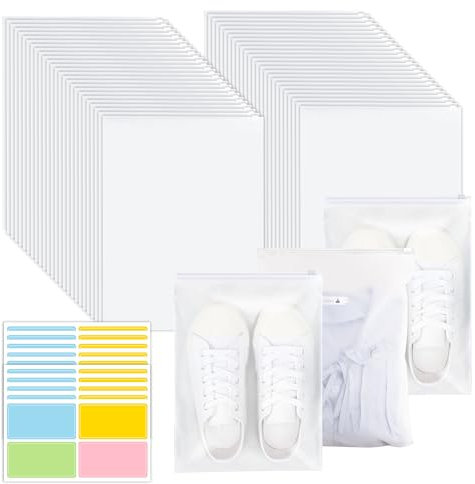 50 Pack Frosted Resealable Bag, 30 x 40 cm Travel Storage Bags, Reusable Zip Lock Bags and 40 Color Stickers Zip Lock Seal Bag for Clothes Shoes Cosmetics Suitcase Organiser Bags