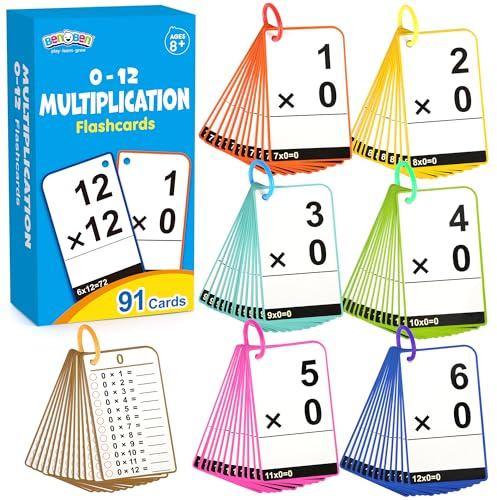 BenBen Multiplication Flash Cards 0-12, 91 Cards, Times Table Flash Cards with Rings, Multiplication Practice for Kids 8-12, 2nd 3rd 4th 5th 6th Grade, Math Flashcards for Homeschool Classroom