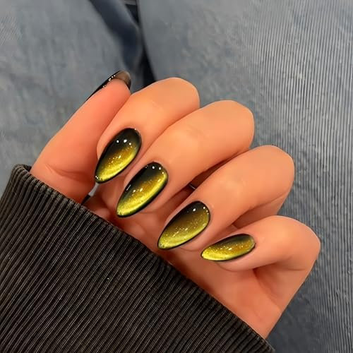 SXVME Gold Cat Eye False Nails, 30 Pcs Glitter Black Press On Nails, Medium Almond, Luxury Cute Bling Stick On Nails For Women, Daily Wear