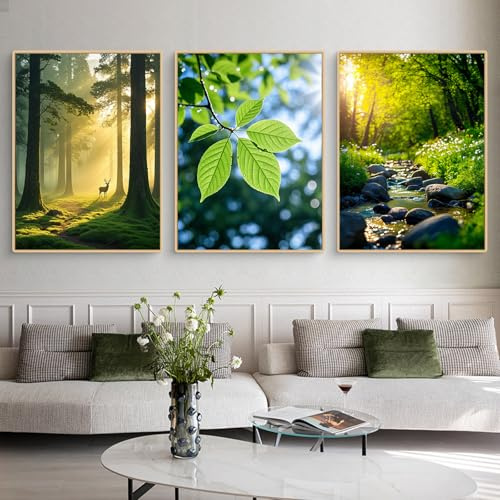 Uixxducc 3er Frühling Waldlandschaft Poster Set, Aesthetic Spring Grüne Bäume, Fließendes Wasser Bilder -Frühling Wandbilder Wohnzimmer Deko für Flur Schlafzimmer - ohne Rahmen (30x40cm)