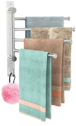 Porte-serviettes pivotant à 4 bras en acier inoxydable SUS304 avec crochets pour salle de bain, cuisine et garde-robe