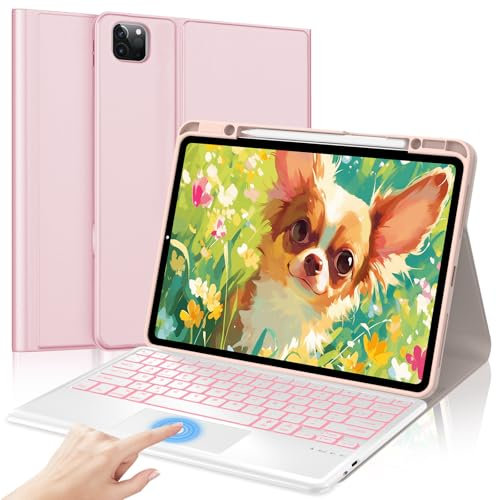 SENGBIRCH Coque Clavier pour iPad Pro 12.9 (6e/5e/4e/3e) Gen avec Pavé Tactile, AZERTY Français Clavier rétroéclairé 7 Couleurs Détachable sans Fil Bluetooth, Étui iPad Air 13, Rose Chair