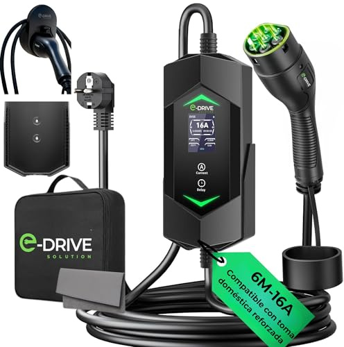 Chargeur Voiture Electrique 16 A [3.7 KW, 6M ] Compatible Prise Green up & Skudo-Écran LCD + Départ Différé + Support & Câble Type 2 - E-Drive Solution Marque Française