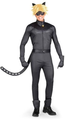My Other Me Cat-Noir-Kostüm für Herren, Größe M-L. Inklusive Jacke mit Glöckchen, Hose, Gürtel mit Schwanz, Handschuhe, Augenmaske, Perücke mit Ohren und Ring, offiziell lizenziert von Miraculous.