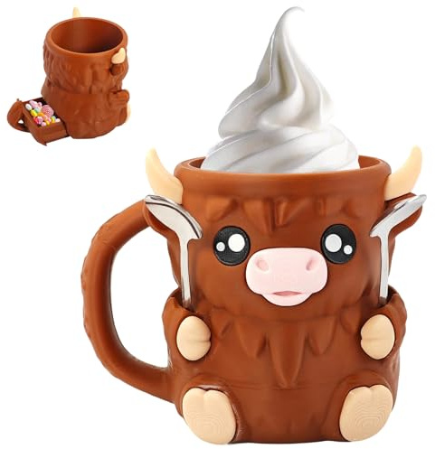 Leseogye Highland Cow - Porta gelato con stampa 3D, con cassetto e 2 cucchiai, motivo: mucca delle Highland, regalo per gli amanti, 473 ml