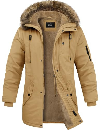 Lonya Winterjacke Herren Fleece Winterparka Warm Gefüttert Wintermantel Mit Kapuze Winddicht Lang Mantel Outdoor Parka Jacke für Männer, Khaki, XL