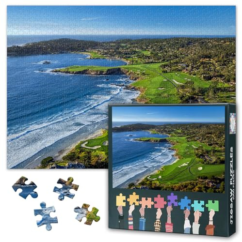 1000 Piece Jigsaw Puzzle for Adults Modern Golf Course Wall Art Pebble Beach Scenic Landscape Coastal Decor Challenging Puzzle Game 27.5x19.7 Inches