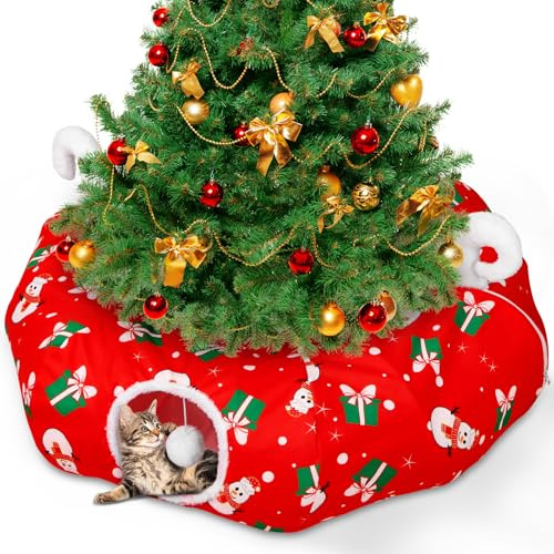 Katzentunnel, Weihnachtsbaumrock, Durchmesser 90 cm, runder Katzentunnel, Donut mit Plüschtierkugel, unter Baum, Kreisbett für kleine Tiere im Innenbereich, rote Xams festliche Dekorationen