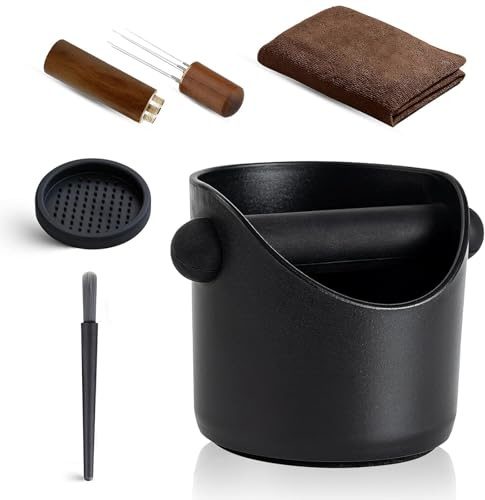 Espresso Coffee Knock Box, Coffee Machine Accessories with 2 pcs Brushes, Removable Knock Bar and Non-Slip Base with Coffees Stirring Needle and Towel, Coffees Bin for Home/Office ect (Black)