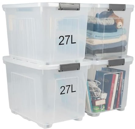 Plastard Aufbewahrungsboxen mit Deckel & Rollen – 4er Set, 27 L – Robuste, stapelbare Ordnungsboxen, BPA-freiem Kunststoff – Transparent & vielseitig für Haushalt, Büro & Werkstatt