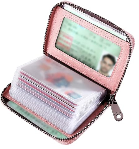 YAWYO Porte-Cartes en Cuir pour Hommes et Femmes, Étui Unisexe avec Housses en Plastique, Capacité jusqu'à 22 Cartes, Identité, Banque, Business (Rose)
