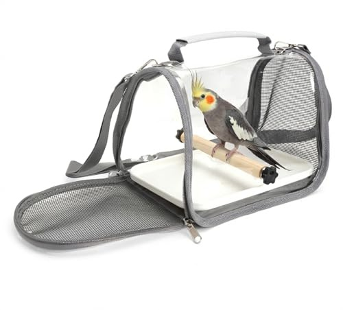 Vogel Transportbox mit Holzstab und Tablett, Rucksack für Vögel, Vogeltragetasche mit Stehstange, Leichter Rucksack für Papagei, Vogelkäfig für Wellensittich für Papageien,Sittiche,1 Backenzähne-grau